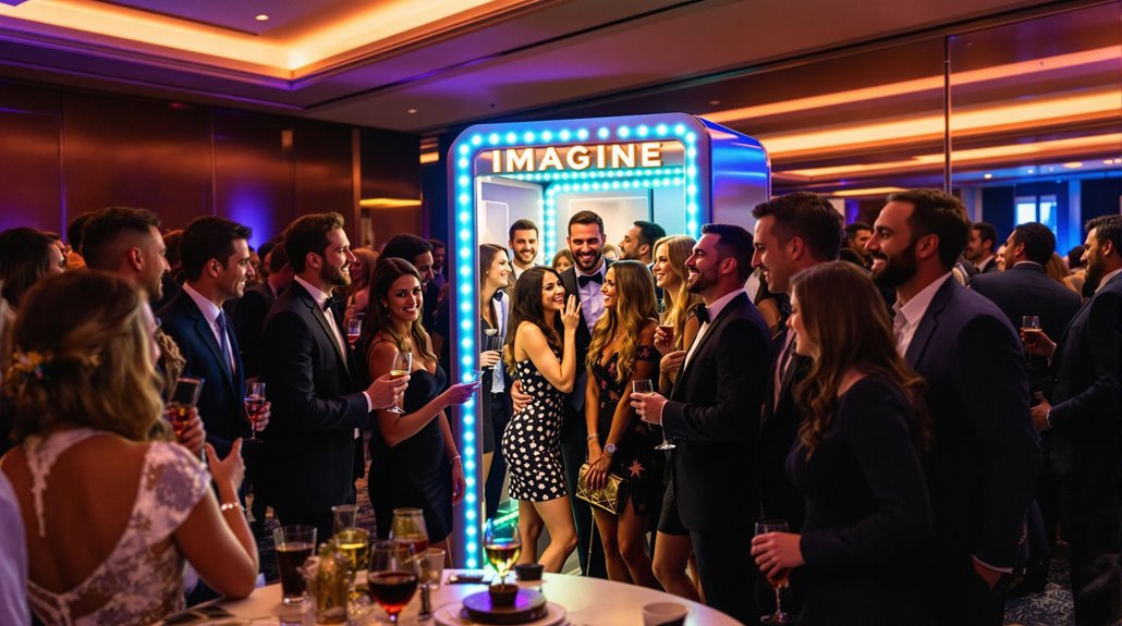 A lively group of well-dressed people gather around an illuminated photo booth labeled IMAGINE at a corporate event, smiling and chatting with drinks in hand in a warmly lit event space.