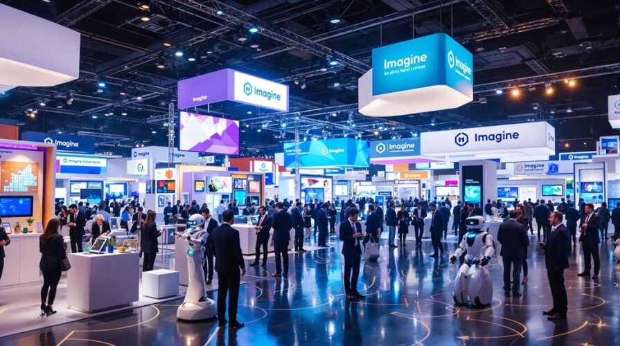 A busy technology expo with many people walking among booths, colorful digital displays, and robots. Large hanging signs with Imagine and other tech branding showcase interactive experiences common at corporate trade shows under bright lights.