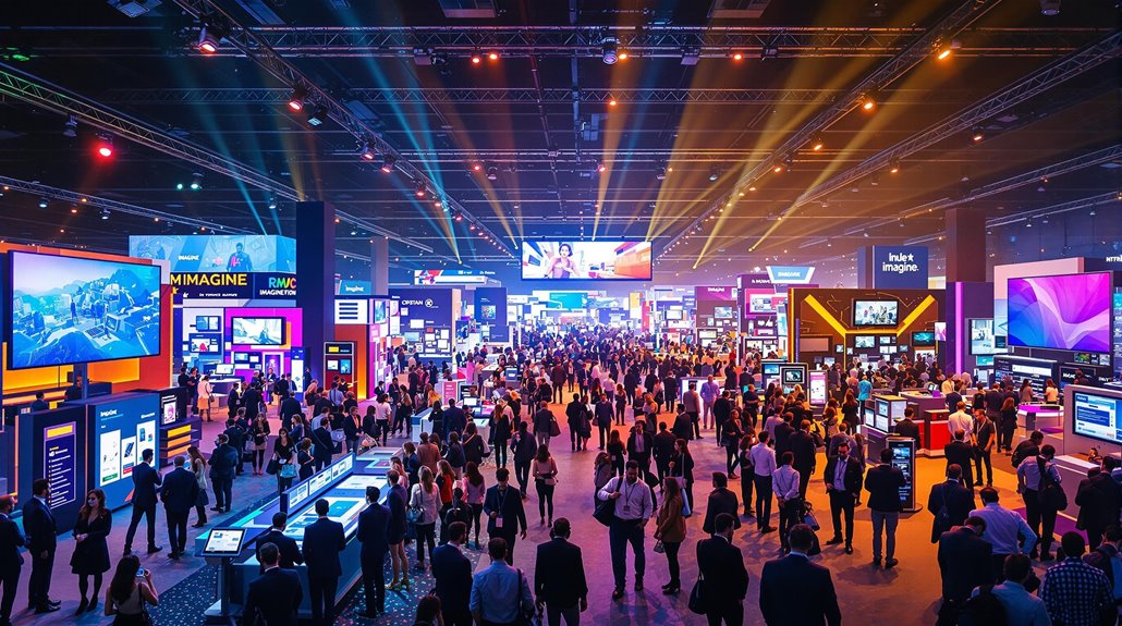 A large crowd gathers in a brightly lit convention center filled with colorful booths, digital screens, and displays. People are walking, networking, and enjoying interactive experiences at corporate trade shows under dramatic lighting.