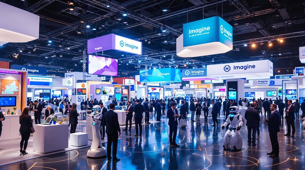 A busy technology expo with many people walking among booths, colorful digital displays, and robots. Large hanging signs with Imagine and other tech branding showcase interactive experiences common at corporate trade shows under bright lights.