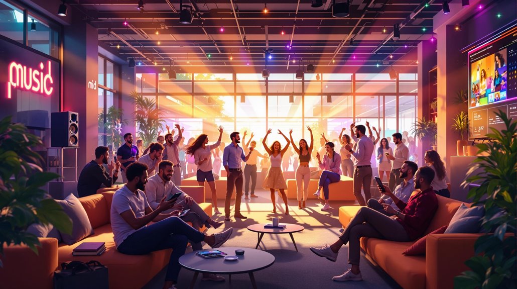 A lively party scene in a colorful modern lounge, with music energizing the crowd as people dance and socialize under vibrant lights. Guests enjoy entertainment on sofas or use their phones, while others dance joyfully near large windows at sunset.