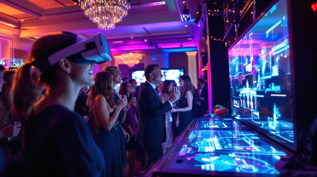 A group of people in formal attire enjoy a futuristic technology exhibit featuring interactive entertainment, with large screens and virtual reality headsets, in a vibrant, colorful event hall often used for fundraisers, adorned with chandeliers.