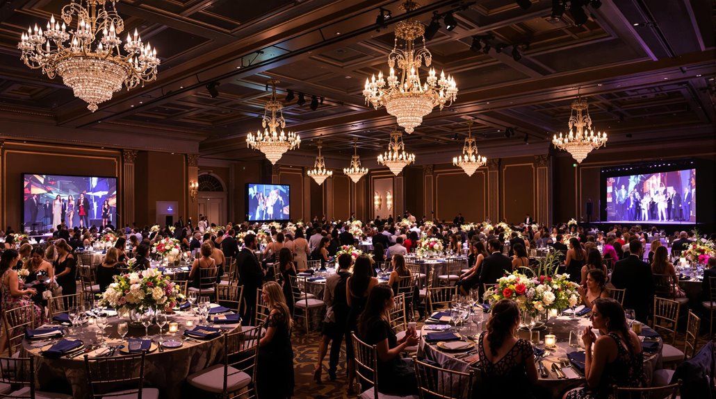 A large, elegant banquet hall filled with round tables, flower centerpieces, and seated guests captures the spirit of galas. Chandeliers hang from the ceiling as large screens display a stage event designed to engage attendees at the front of the room.
