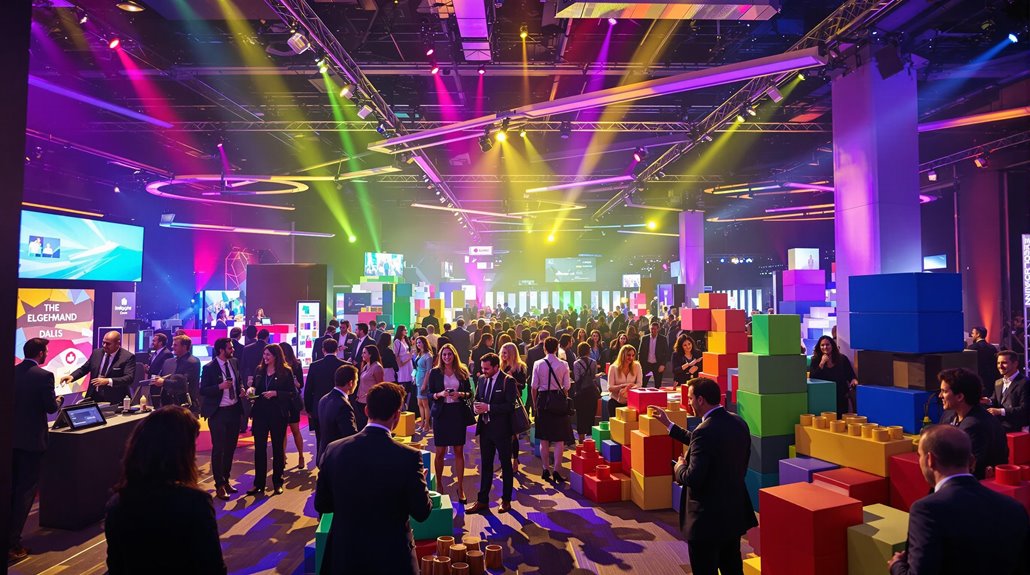 A large crowd of people in business attire networks in a vibrant, colorful corporate events space, where bright stage lights and oversized building blocks create a lively, playful atmosphere focused on maximizing engagement.