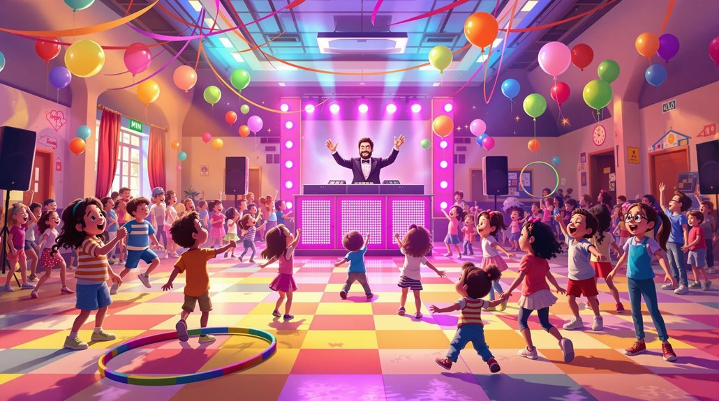 Children dance and play with balloons and hula hoops in a colorful, decorated hall during elementary school events while a DJ in a tuxedo provides music on a lit-up stage. Streamers hang from the ceiling, creating a safe, festive atmosphere.
