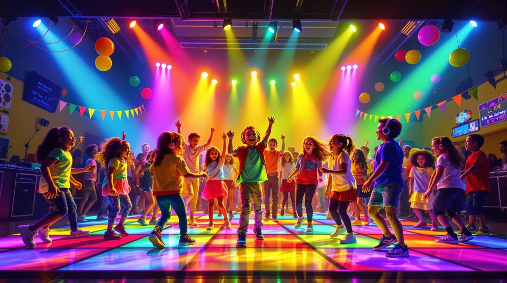A group of children dance joyfully on a colorful, illuminated dance floor at a lively party. Bright lights and festive decorations set the scene for a safe, energetic atmosphere—perfect for elementary school events with professional DJ services.