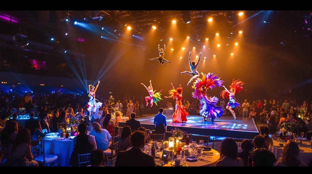 Acrobats and dancers in vibrant costumes perform on a lit stage, delighting guests at decorated tables with interactive entertainment that brings engagement and excitement to corporate events under dramatic lighting in a lively, festive atmosphere.
