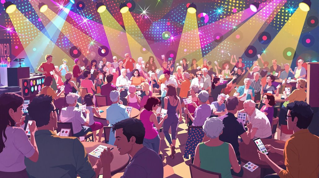 A lively, colorful bingo hall filled with people at tables, playing music bingo. Bright spotlights and disco lights create a festive party atmosphere, while a DJ by the booth sets the vibe for an unforgettable music bingo night.