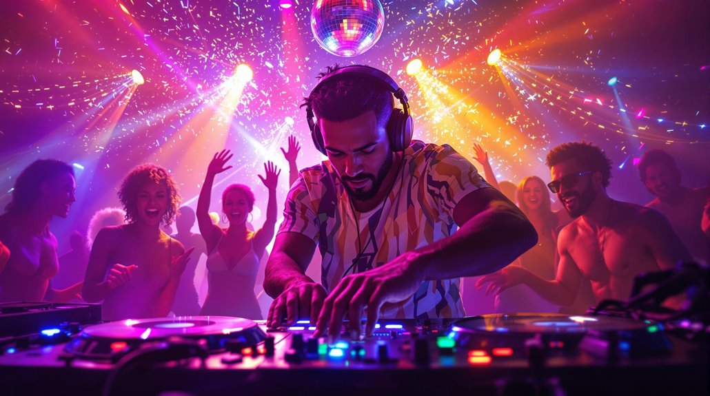 A DJ wearing headphones mixes music at a lively nightclub, keeping party guests engaged as they dance under colorful lights and a sparkling disco ball. The crowd enjoys the energetic atmosphere.