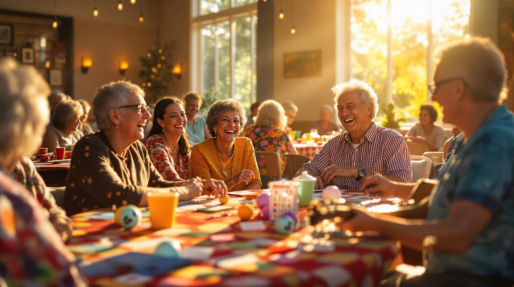 A group of older adults sit around a table, smiling and laughing while playing music bingo in a sunlit senior community room decorated with colorful tablecloths and festive lights.