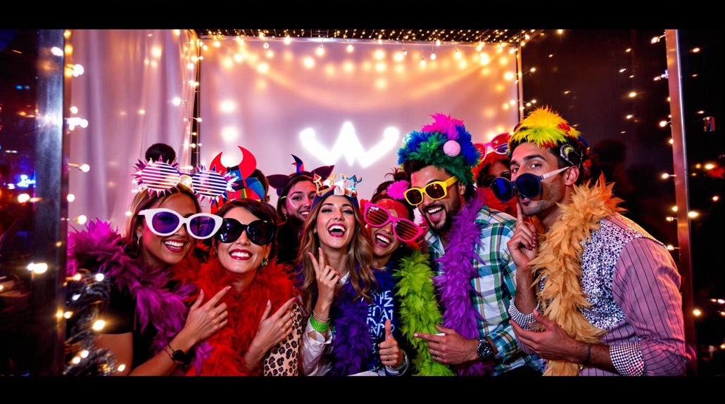 A group of people pose joyfully at a corporate event, wearing colorful feather boas, oversized sunglasses, and fun hats by a photo booth, surrounded by string lights with a glowing W sign in the background.