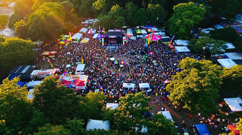A large outdoor festival crowd gathered in a park surrounded by trees, colorful tents, and stalls, with sunlight streaming through the foliage—perfect for vibrant event coverage and stunning drone photography.