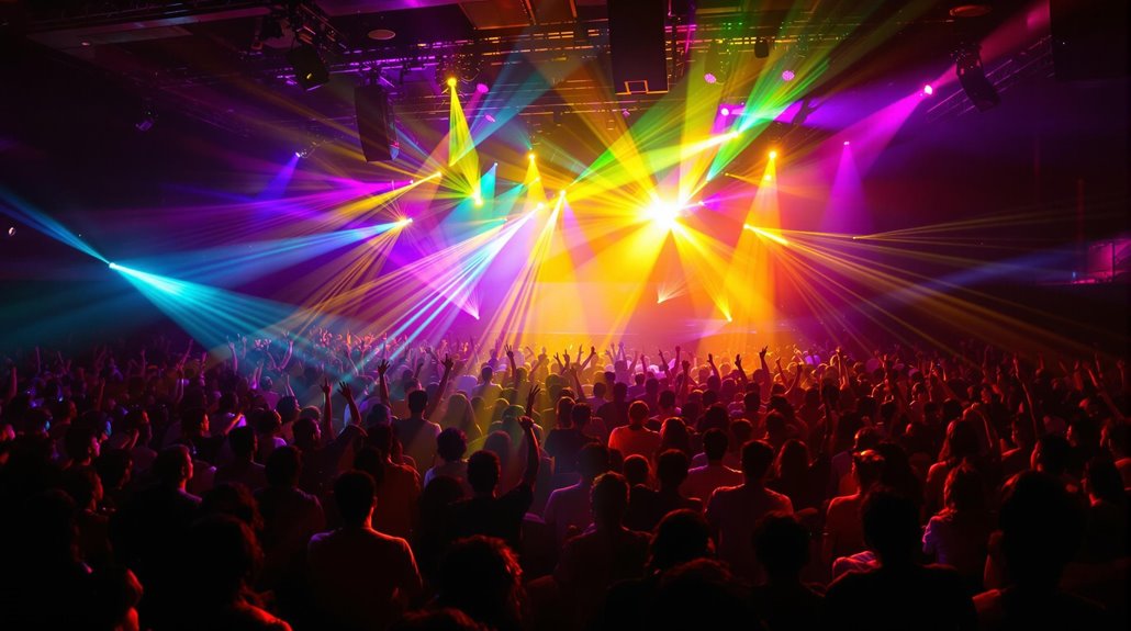 A large crowd enjoys a concert or music festival indoors, with professional lighting and vibrant multicolored stage lights illuminating the dark venue. Enhanced sound fills the space as many people raise their hands toward the stage.