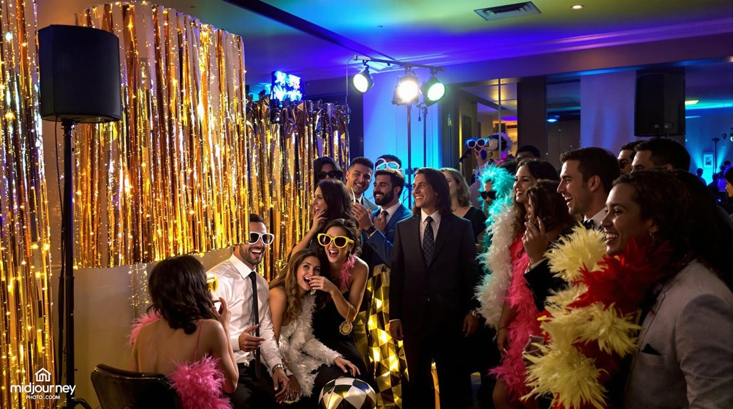 A group of people dressed in party attire, some wearing fun sunglasses and feather boas, laugh and pose together in front of shiny gold streamers at a lively indoor celebration with colorful lights—a perfect scene for modern events and photo booths.