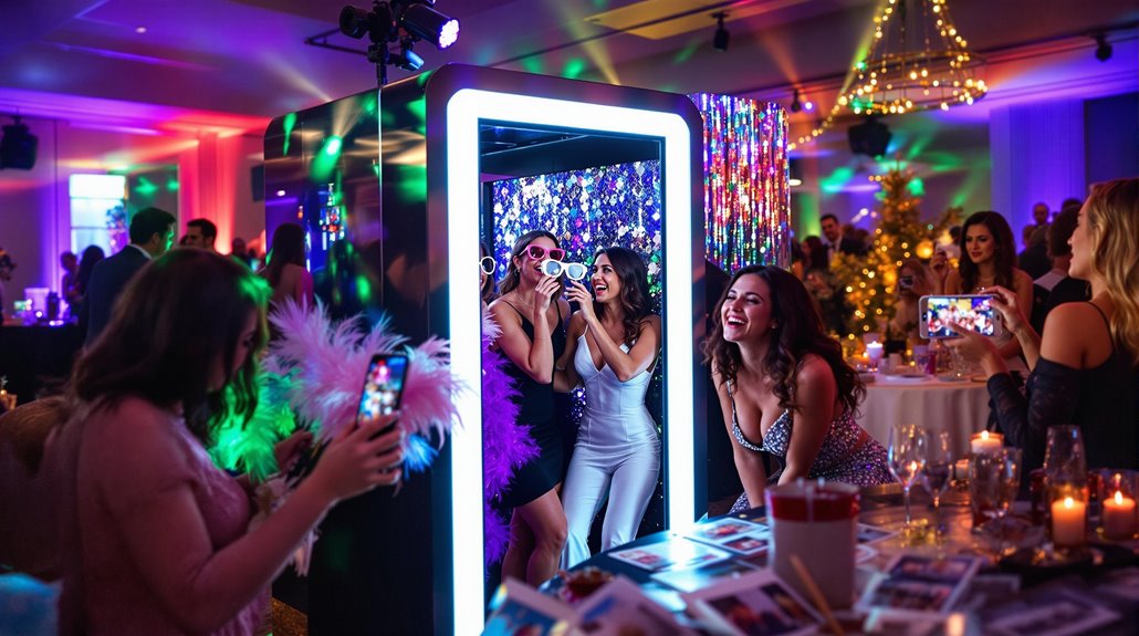A lively party scene with people dressed up, laughing, and taking photos at a photo booth surrounded by colorful lights and festive decorations. Photo booths are a must-have for modern events, letting guests capture memories on their phones.