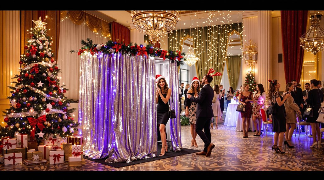 A festive company holiday celebration features guests in formal attire, a decorated Christmas tree with gifts, sparkling lights, and a silver photo booth. Some wear Santa hats as they mingle and enjoy this lively corporate event.