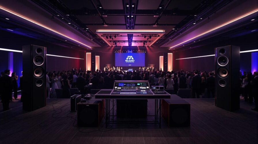 A large, modern event hall with a crowd gathered in front of a stage, viewed from behind professional audio equipment and two tall speakers. A screen on stage displays a logo and text, while colorful lights illuminate the room.