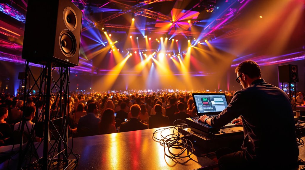A DJ performs on stage with a laptop and professional sound systems, facing a large crowd under colorful, vibrant stage lights at a lively indoor concert venue.