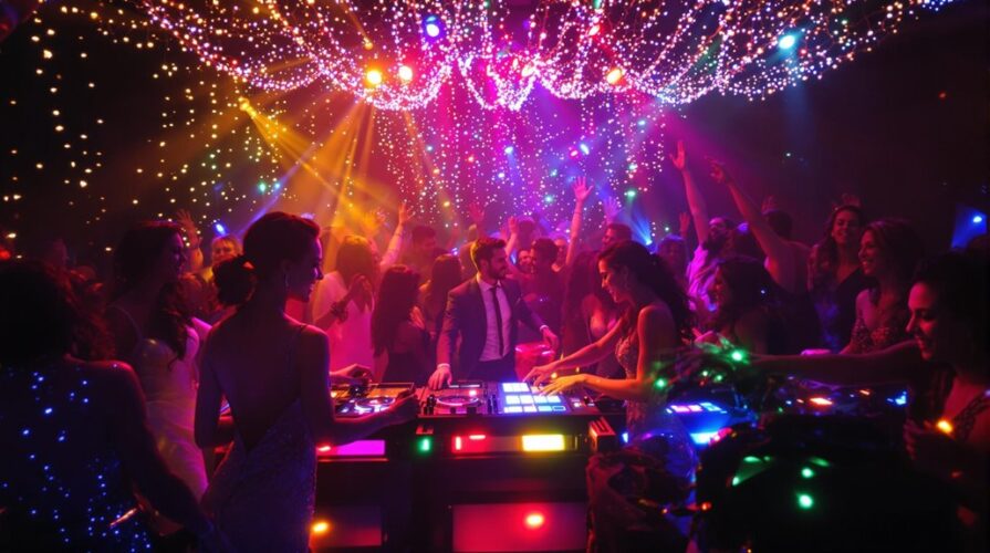 A lively holiday party scene with people dancing under bright, colorful string lights. A DJ stands at a deck with illuminated controls, while guests in elegant attire enjoy the unforgettable, vibrant atmosphere.