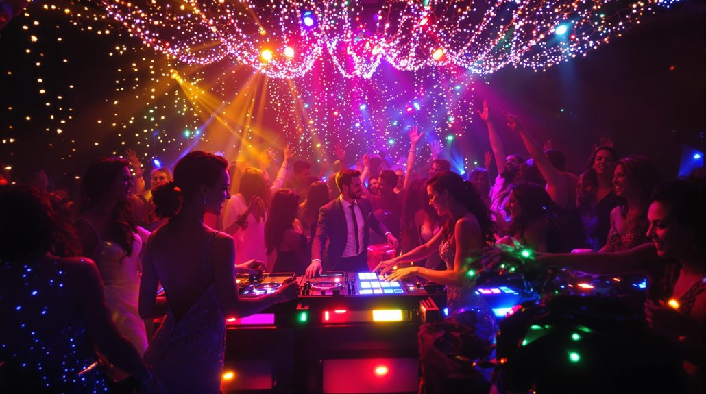 A lively holiday party scene with people dancing under bright, colorful string lights. A DJ stands at a deck with illuminated controls, while guests in elegant attire enjoy the unforgettable, vibrant atmosphere.