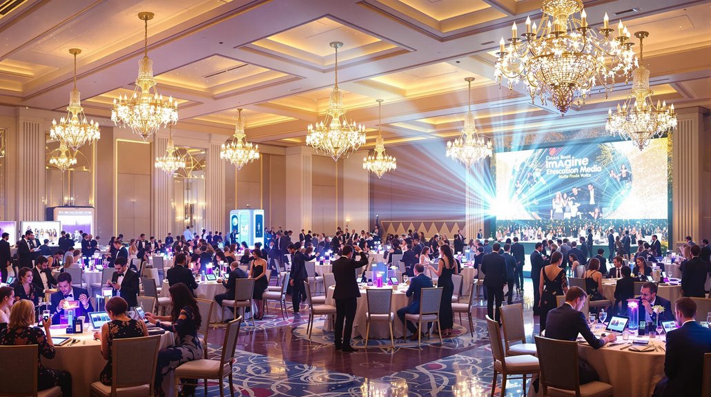 A large, elegant ballroom filled with guests seated at round tables for one of the season’s most anticipated galas. Chandeliers shine as presenters take the brightly lit stage, engaging attendees while they watch and capture memorable moments.