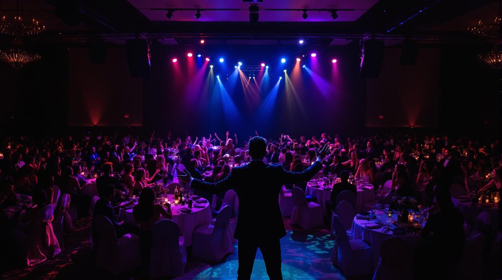 A person stands on stage with arms outstretched, facing a large seated audience at a formal event. Colorful spotlights illuminate the room, creating a lively and celebratory atmosphere ideal for maximizing fundraiser success.