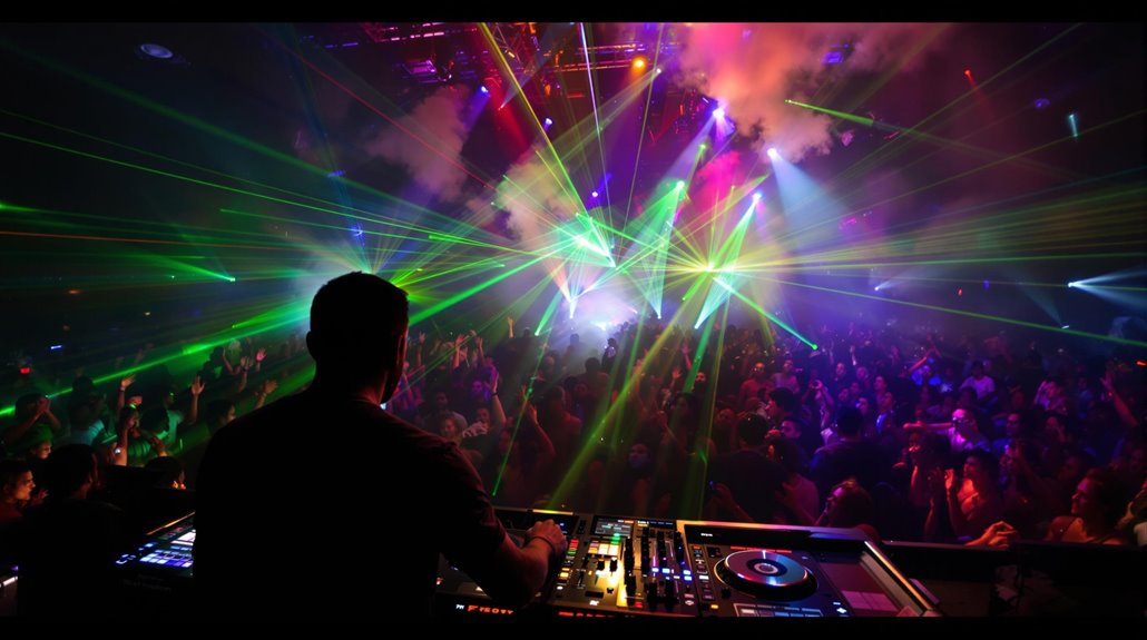 A DJ delivers an electrifying DJ experience in a dark, crowded nightclub, where colorful laser lights and smoke effects fill the nightlife setting with vibrant energy and dancing people.