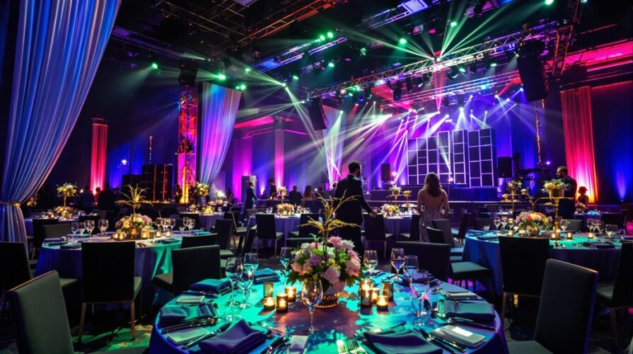 A vibrant event hall with round tables set for dinner, elegant floral centerpieces, and glowing candles. Colorful stage lights from renting event equipment illuminate the space, creating a festive atmosphere with people mingling in the background.