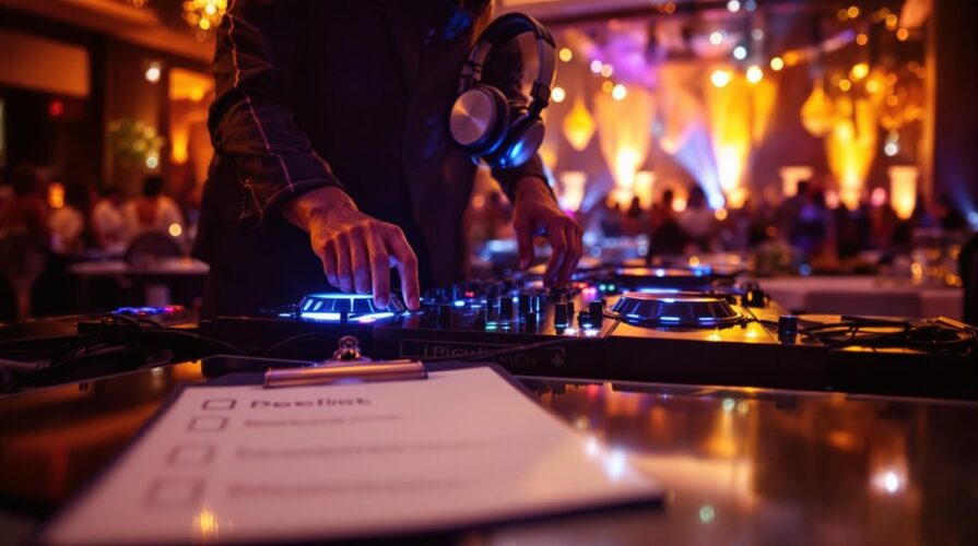 A DJ mixes music on a lit-up console at a lively indoor event, with colorful lights and blurred guests in the background. A checklist on a table is visible in the foreground.