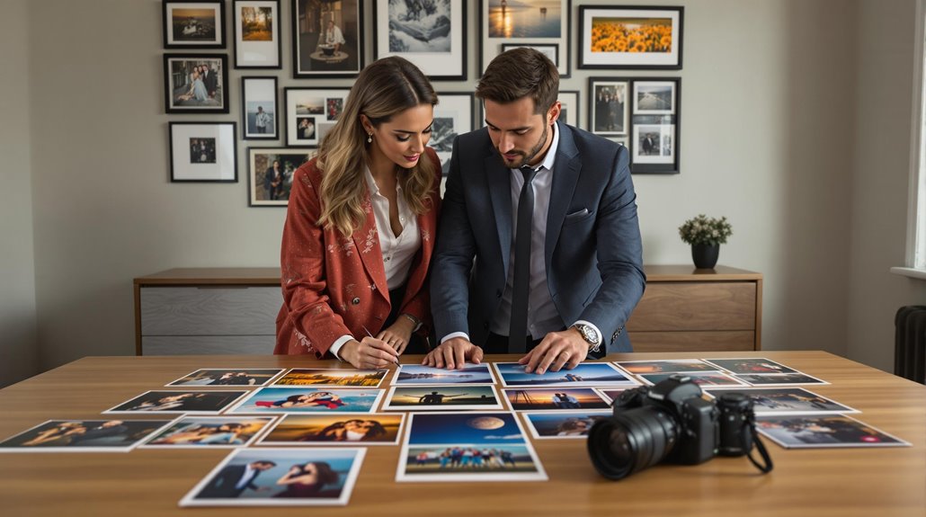 A woman and man in formal clothing look at printed photos spread on a table, choosing their favorites for an upcoming event. A camera sits nearby, and framed pictures by a skilled photographer hang on the wall in a well-lit room.