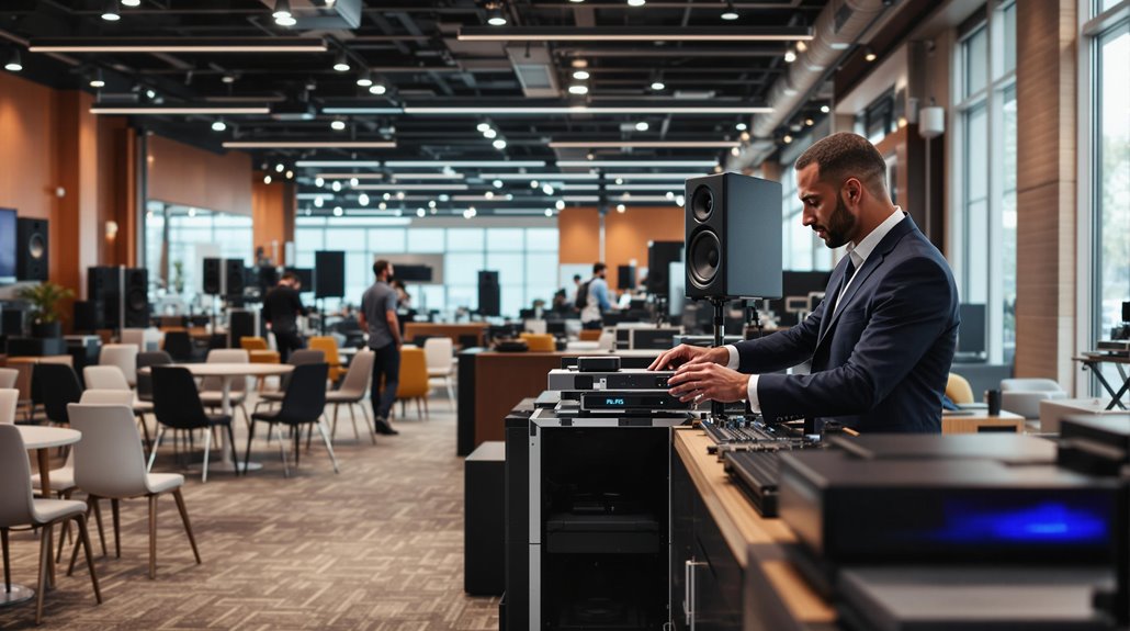 A man in a suit adjusts reliable equipment on a table in a modern, spacious event venue with round tables, chairs, large windows, and people in the background.