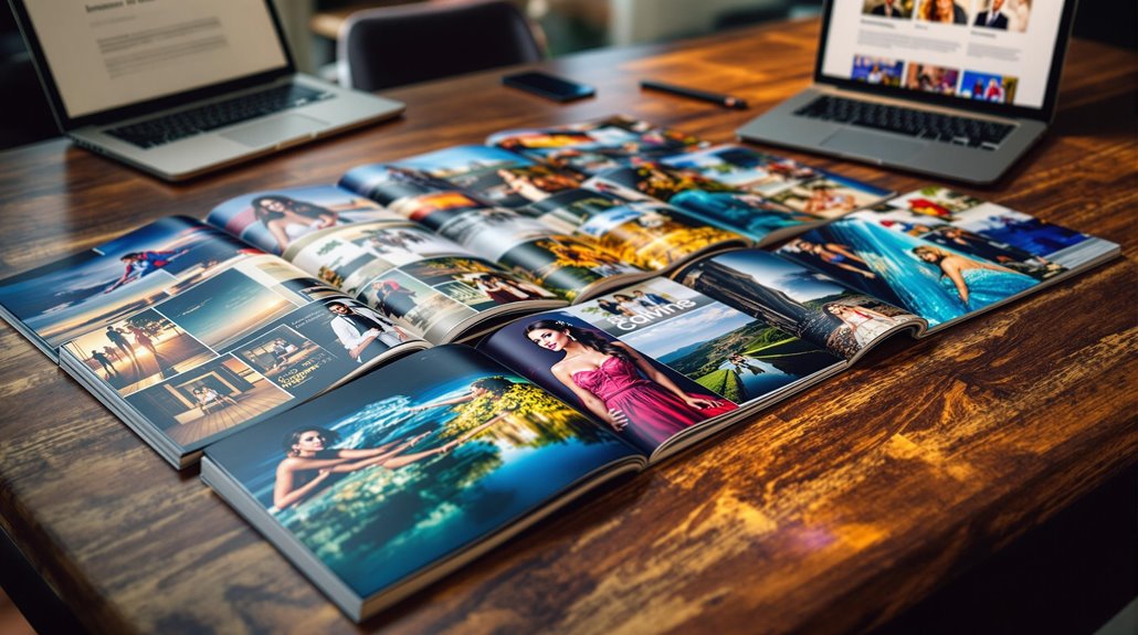 Several open glossy magazines displaying colorful travel and lifestyle photos are spread across a wooden table, with two open laptops and a smartphone in the background—perfect inspiration for anyone choosing a photographer for their next event or adventure.