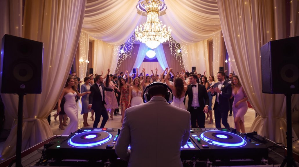 A wedding DJ in a white suit plays music at a lively reception, with guests dancing under a large chandelier and twinkling lights. Elegant décor sets the scene for an unforgettable celebration—discover our exclusive wedding DJ packages.