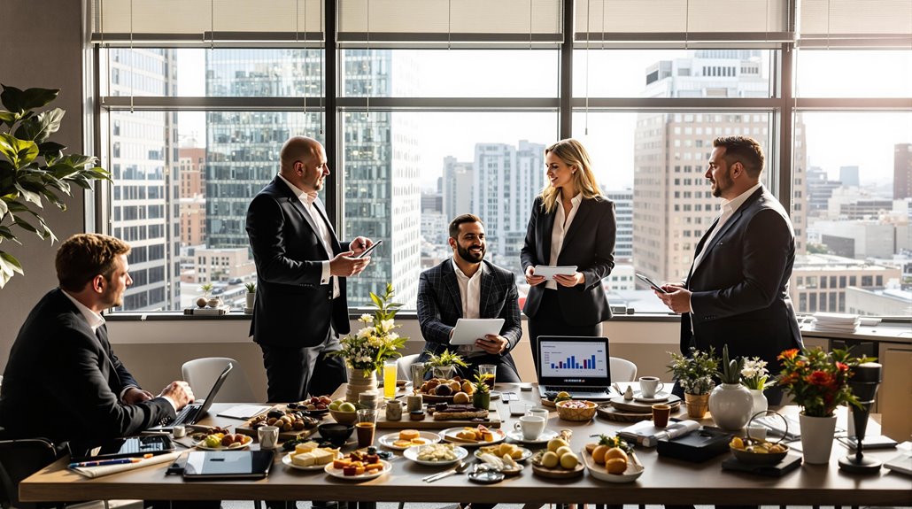 Five business professionals in suits gather around a conference table with food and drinks, smiling and chatting. Large windows reveal city buildings outside. A laptop displays a bar chart—perfect inspiration for Regina’s top corporate event vendors.