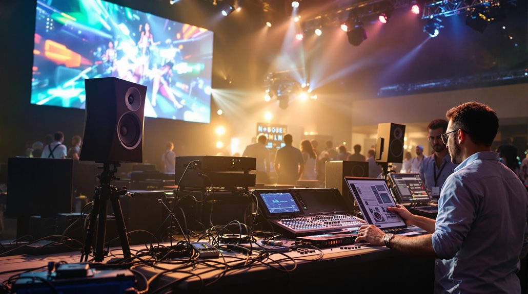 A sound technician operates audio equipment at a large event, integrating advanced AV solutions with colorful stage lights, a large screen, speakers, and a vibrant crowd in the background. The atmosphere is lively and modern.