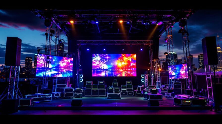 A brightly lit outdoor concert stage at dusk in Regina, featuring large colorful LED screens, speakers, stage lights, and sound equipment provided by local audio equipment rentals, with a city skyline visible in the background.