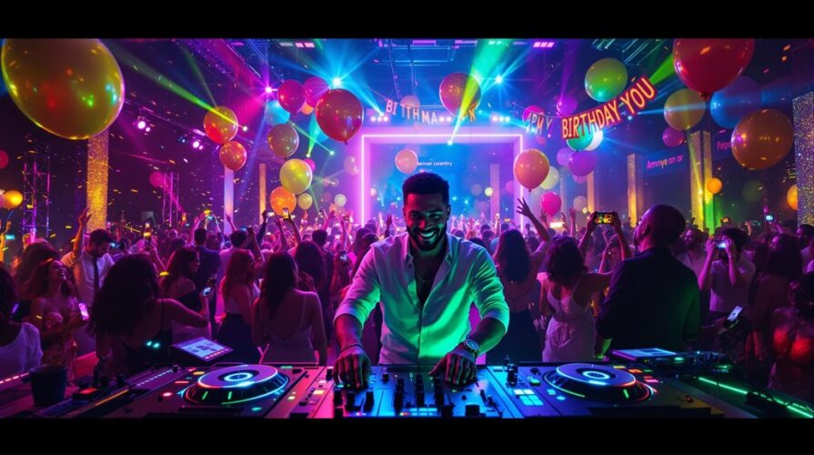 A smiling DJ provides energetic DJ services at a lively birthday party in a colorful, crowded nightclub filled with dancing people, large balloons, and bright lights. A “Happy Birthday” sign hangs in the background.