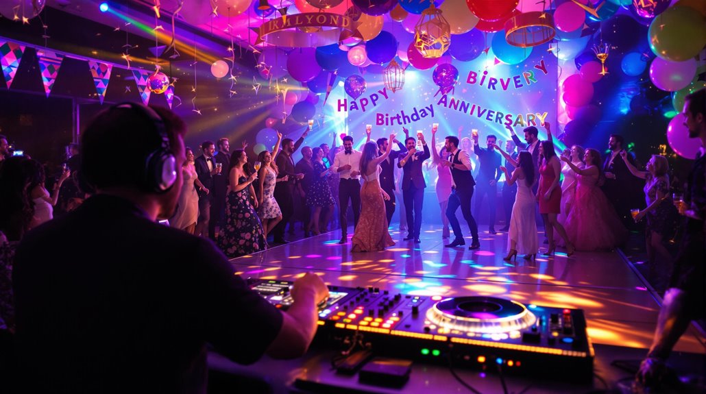 A DJ offers top-notch DJ services at a lively party with people dancing on a decorated floor, surrounded by colorful balloons, banners, and bright lights. Signs overhead celebrate birthdays and anniversaries.