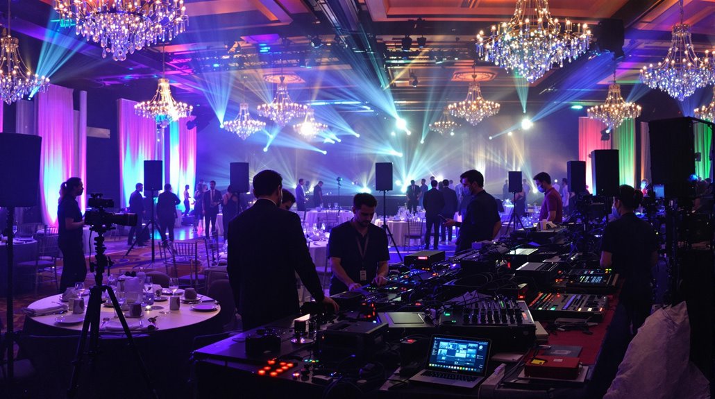 People work at a large event with colorful stage lights, tables set for dining, reliable equipment, and chandeliers hanging from the ceiling in an elegant banquet hall, ensuring seamless events from start to finish.