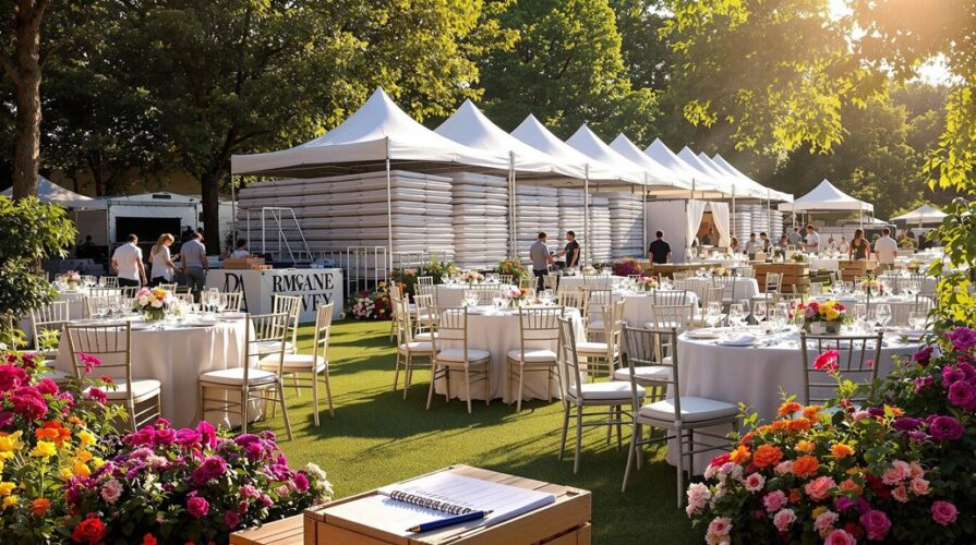 Outdoor event setup with round tables and white chairs on grass, surrounded by colorful flowers. White tents and people preparing in the background under trees; perfect scene for your event rental equipment needs.