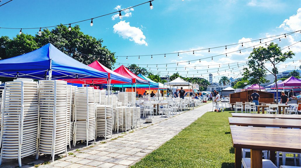 Outdoor venue with colorful tents, strings of lights overhead, and large stacks of white chairs along a walkway. As people handle event setup under a sunny blue sky, tables and trees complete the scene—perfect for your rental equipment checklist.