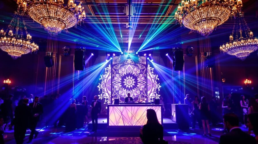 A vibrant party scene with people dancing around a DJ booth, enhanced by dynamic lighting packages and surrounded by ornate chandeliers in an elegant ballroom.