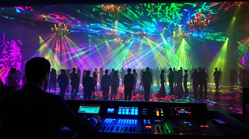 A crowd of people stands on a dance floor under colorful laser lights and chandeliers, viewed from behind a person operating the event’s sound and lighting packages at a control panel.