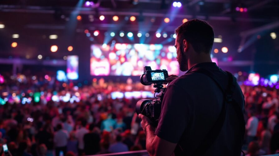 A videographer films a large, colorful event with a professional camera, live streaming the action to viewers as a vibrant crowd enjoys the brightly lit stage in the lively atmosphere.