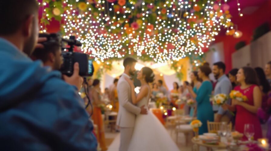 A bride and groom share their first dance under a canopy of string lights and flowers, surrounded by guests. Capturing event memories, a photographer preserves the vibrant, festive wedding setting for years to come.