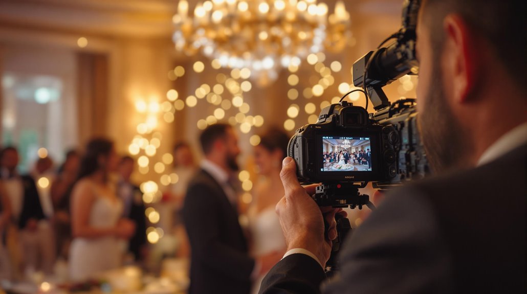 A videographer uses professional videography to film a wedding reception, capturing event memories of the bride and groom in a warmly lit room adorned with string lights and a chandelier.