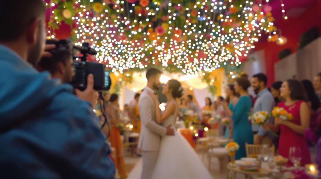 A bride and groom share their first dance under a canopy of string lights and flowers, surrounded by guests. Capturing event memories, a photographer preserves the vibrant, festive wedding setting for years to come.