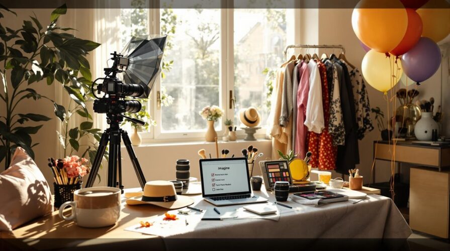 A bright room set up for event photography, with a camera on a tripod, clothes on a rack, balloons, makeup, and a tablet showing a checklist—an inspiring workspace to prepare for photo sessions or creative content creation.