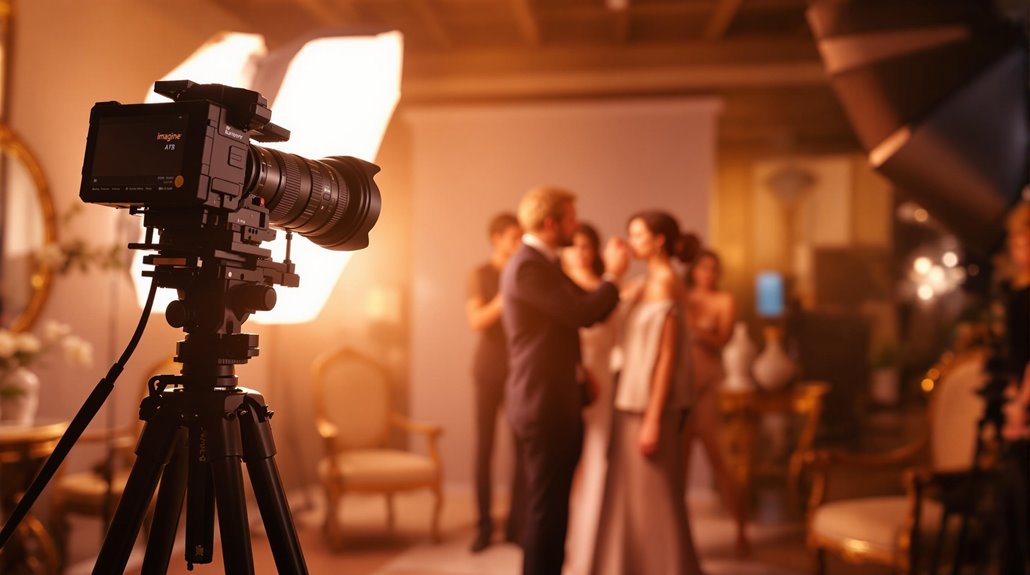 A camera on a tripod films people preparing for event photos in a well-lit studio. A man adjusts a womans appearance while others stand nearby, surrounded by elegant furniture and professional lighting.