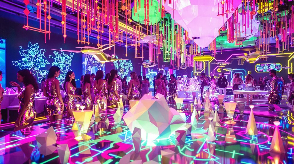 A futuristic party scene set in 2026, with people in shiny outfits, vibrant neon lights, geometric décor, glowing shapes, and colorful digital wall projections captures the latest trends in lively event photography and sci-fi atmosphere.